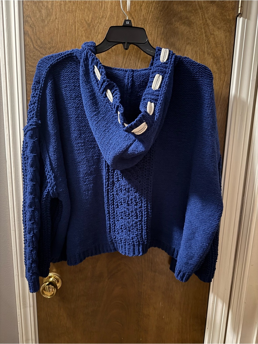 Cable Knit Navy Hoodie Sweater with Drawstring - Picture 2 of 2